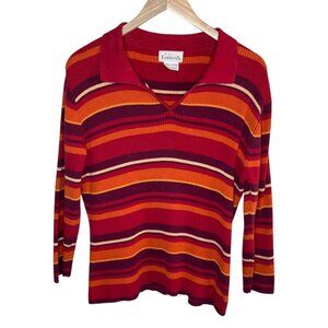 Vintage Womens L Kidcore Basic Editions Ribbed Knit Striped Shirt Red Orange